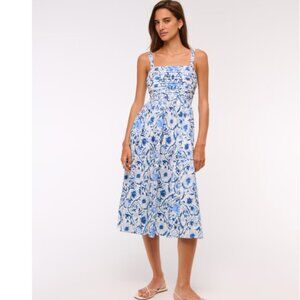 A&F Emerson Poplin Wide Strap Midi Dress blue pattern floral large tall L white